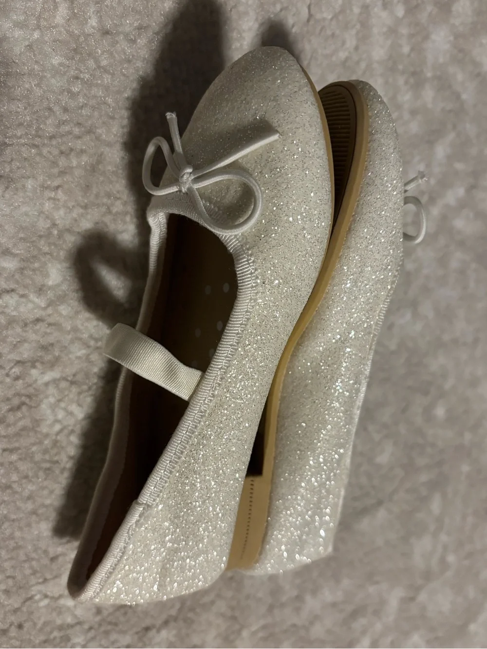 Sparkly White Ivory Mary Jane Ballet Flats w/ Bow Kid Girl Shoe Size 10 LIKE NEW